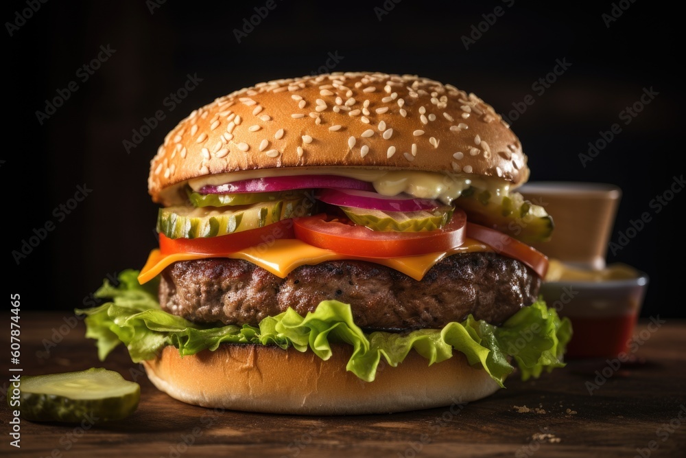 classic burger, freshly made from juicy beef and topped with lettuce, tomato, and pickles, created with generative ai classic burger, freshly made from juicy beef and topped with lettuce, tomato, and pickles, created with generative ai