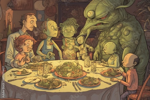 family of aliens, gathered around dining table, enjoying a hearty meal, created with generative ai