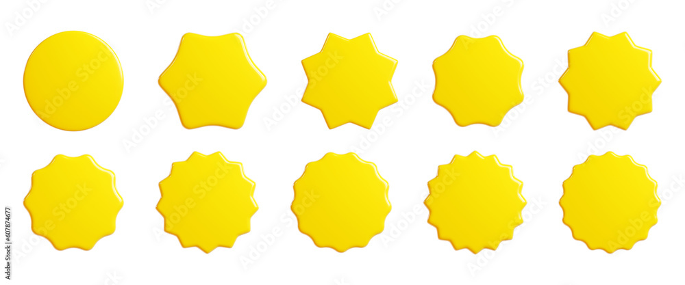Yellow starburst sticker 3d render set - collection of round sun burst or star shape badges for promo. Yellow starburst sticker 3d render set - collection of round sun burst or star shape badges for promo.