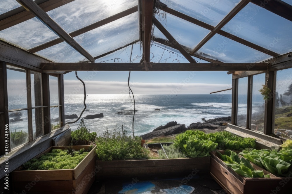 greenhouse with view of the ocean, waves crashing against rocks, created with generative ai greenhouse with view of the ocean, waves crashing against rocks, created with generative ai