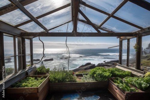 greenhouse with view of the ocean, waves crashing against rocks, created with generative ai