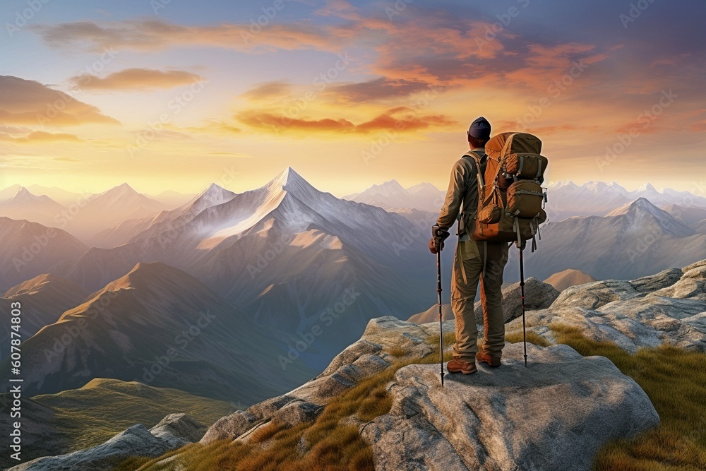 Atop the Adventure: Man Preparing for Hike with Stunning Valley View - AI Generative