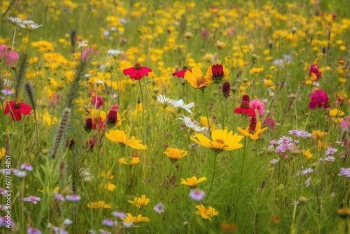 pop of color in a meadow with wildflowers and blooms, created with generative ai