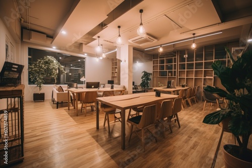 co-working space with unlimited coffee and tea, wooden tables, and comfortable chairs, created with generative ai © altitudevisual