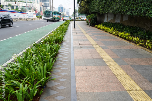 Fototapeta Naklejka Na Ścianę i Meble -  Jakarta, November 9, 2022. Pedestrian sidewalks with beautiful green decorative plants on one of the streets in Jakarta, Indonesia