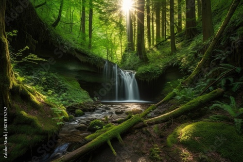 majestic cascade in forest setting, with sunlight shining through the trees, created with generative ai
