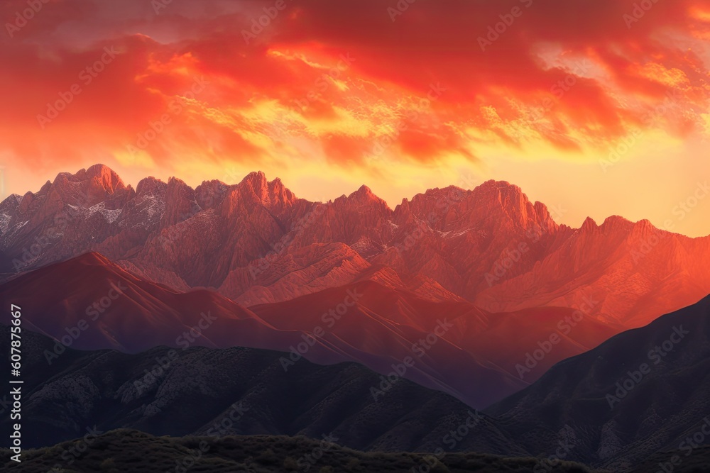 majestic mountain range, with canyons and peaks in the background, against fiery sunset sky, created with generative ai