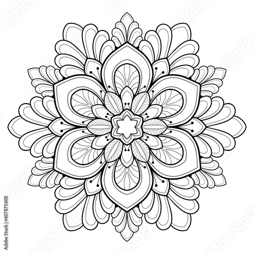 Stylized mandala with floral patterns and henna elements on a white isolated background. For coloring book pages.