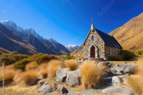 peaceful chapel, surrounded by towering mountains and clear blue skies, created with generative ai