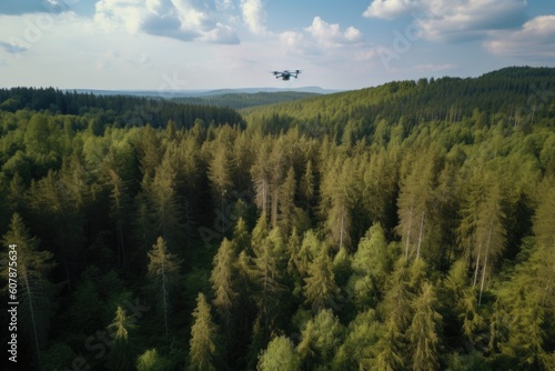 drone flying above dense forest, with a view of the towering trees and wildlife below, created with generative ai