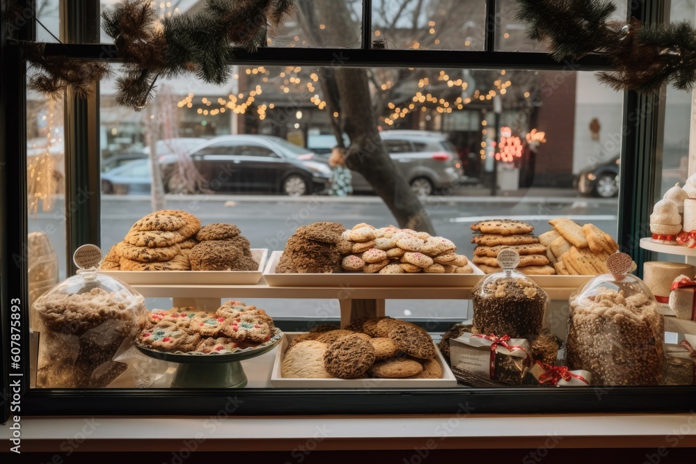 christmas cookies and other holiday treats at bakery window display, created with generative ai