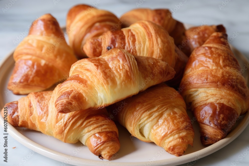 plate of croissants, warm and flaky on the inside and golden brown on the outside, created with generative ai
