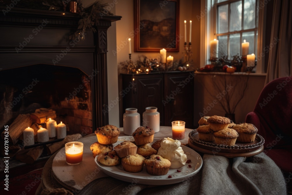 christmas scene with cozy living room, roaring fire, and tray of muffins and scones, created with generative ai