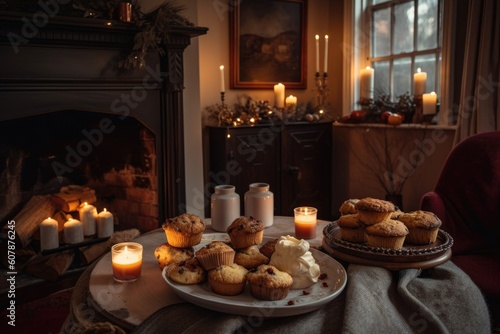 christmas scene with cozy living room  roaring fire  and tray of muffins and scones  created with generative ai