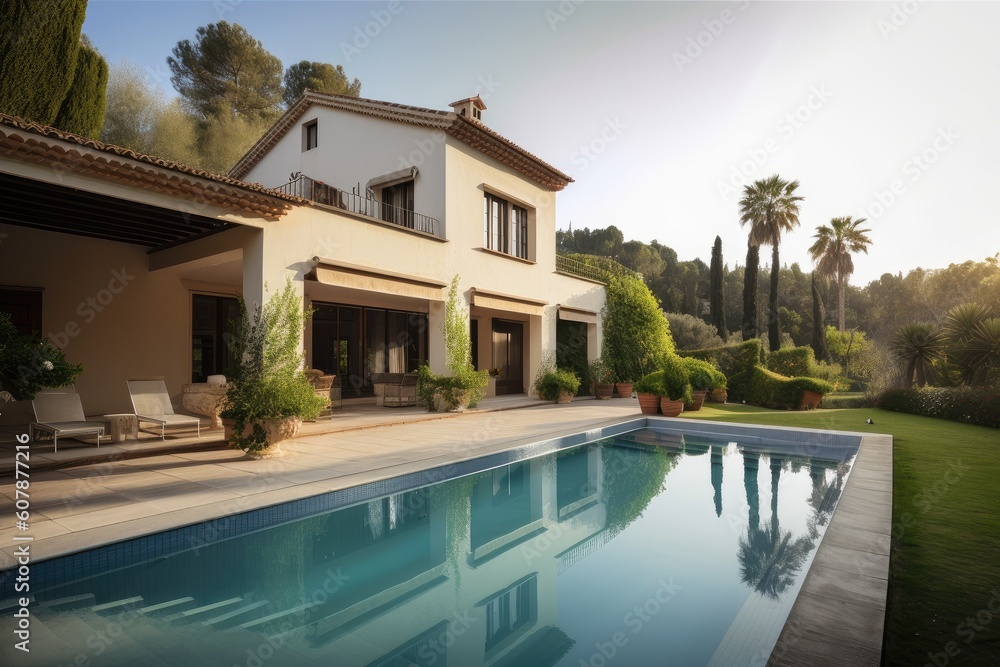 mediterranean house exterior with terrace and swimming pool surrounded by greenery, created with generative ai