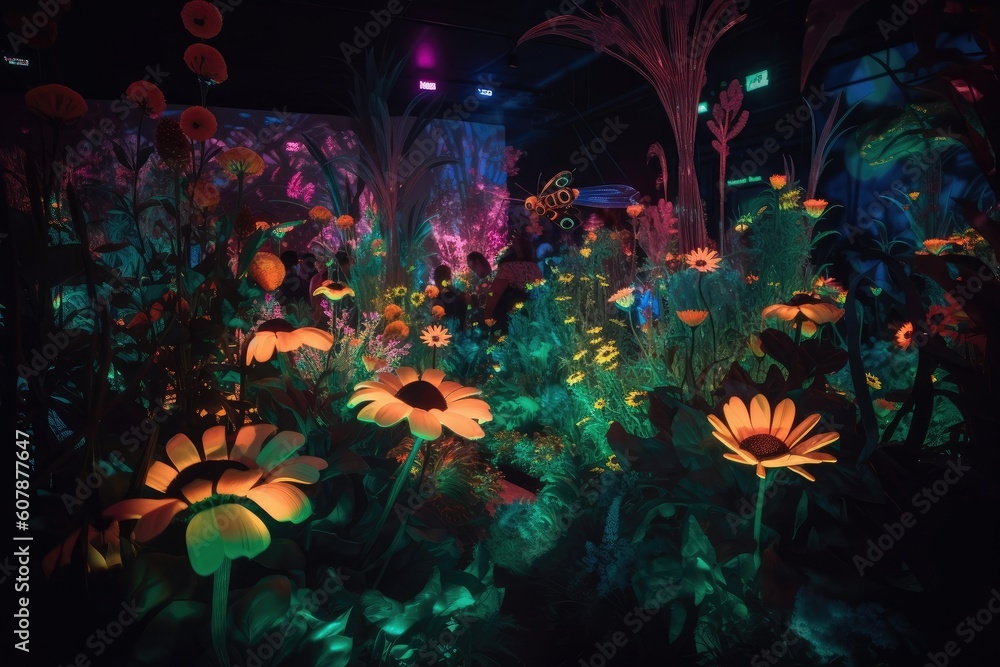 Fototapeta premium neon plant garden, with blooming flowers and buzzing bees, created with generative ai