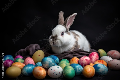 Rabbit and easter eggs on a black background. Studio shoot. AI generated. © Iftikhar alam