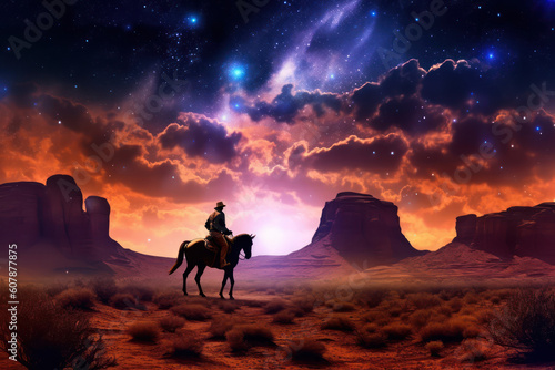 A Western Cowboy Riding Under the Milky Way Galaxy in the Desert  Generative AI