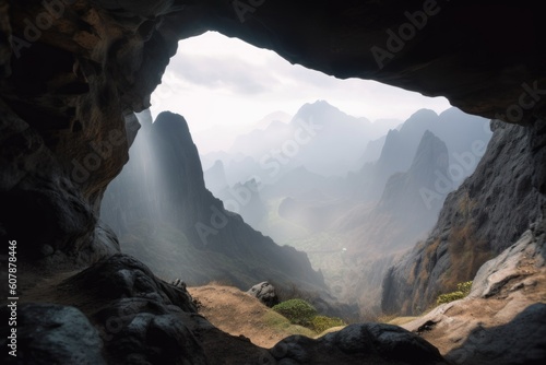 mountain cave with view of misty valley below, surrounded by towering peaks, created with generative ai