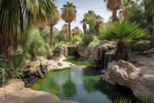 desert oasis, with waterfalls and lush greenery, on otherwise arid landscape, created with generative ai