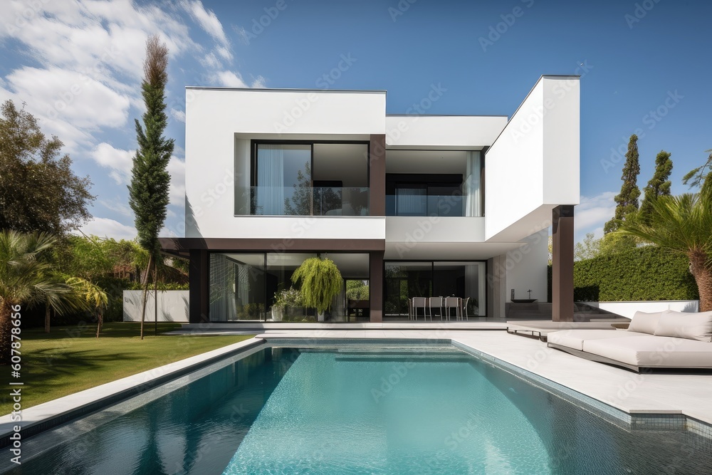 modern villa with sleek and stylish exterior, surrounded by manicured gardens, created with generative ai
