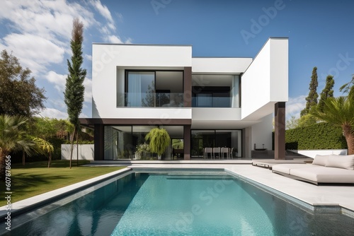 modern villa with sleek and stylish exterior, surrounded by manicured gardens, created with generative ai © altitudevisual