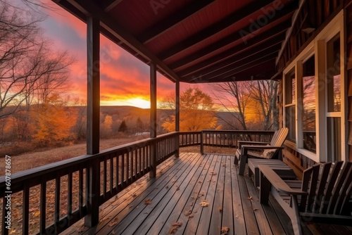 cozy cabin retreat with wraparound porch, perfect for watching the sunset, created with generative ai