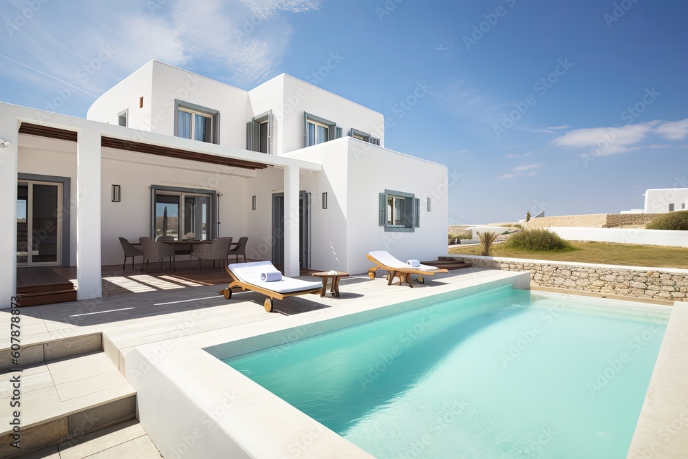 mediterranean house exterior with private pool and sun loungers, created with generative ai