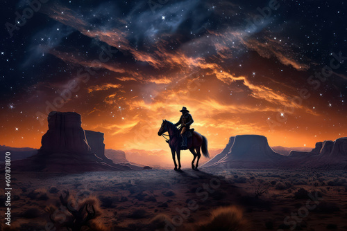 A Western Cowboy Riding Under the Milky Way Galaxy in the Desert  Generative AI