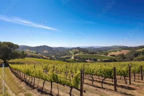 vineyard with rolling hills and clear blue skies  created with generative ai