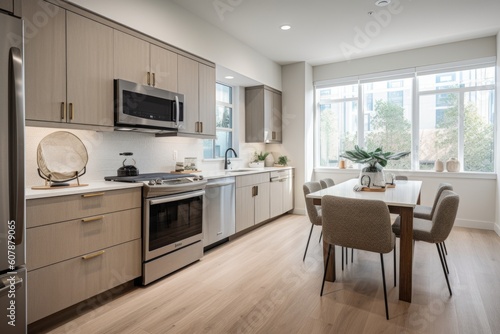 a brightly lit kitchen with overhead lighting and natural light from the windows  created with generative ai