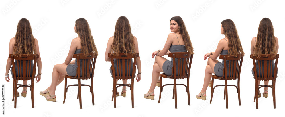 © curto - back viw of group of same young gril sitting on chair and turned and looking at camera on white background © curto - back viw of group of same young gril sitting on chair and turned and looking at camera on white background