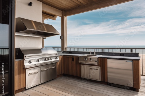 custom-built cooking station with a view of the ocean or waterfront  created with generative ai