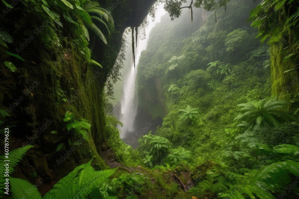 majestic waterfall, crashing into the misty abyss below, surrounded by lush greenery, created with generative ai