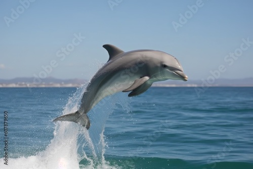dolphin jumping out of the water in graceful leap, created with generative ai