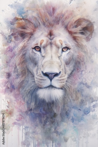 dreamlike watercolor lion print where the lion appears almost mystical. soft, pastel colors like lavender, blush pink, and pale blue to create a serene and otherworldly atmosphere