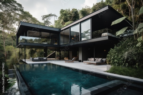 modern house with infinity pool and hot tub, surrounded by lush greenery, created with generative ai © altitudevisual