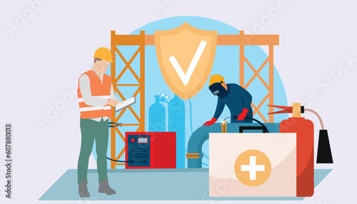 Health and Safety Management and Safety Audit at Work with Safety Equipment for Safety Audit and Manager Checking Safeties at Work. Checklist, Quality Control Construction Industry with Male Engineer