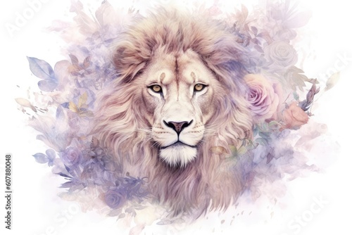 dreamlike watercolor lion print where the lion appears almost mystical. soft, pastel colors like lavender, blush pink, and pale blue to create a serene and otherworldly atmosphere