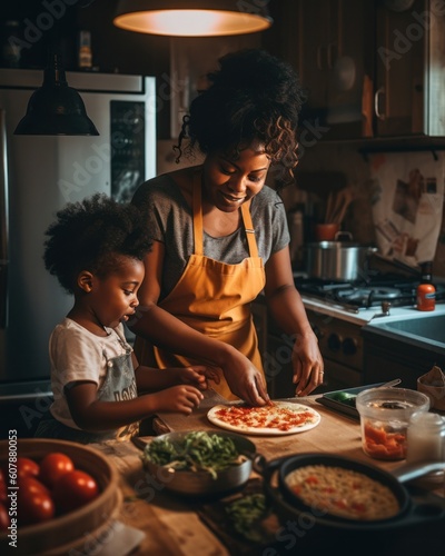 Black Mother Cooking Delicious Meal with Red Apron in White Kitchen Cabinets with Pot and Pan - Family Dinner with Generative AI