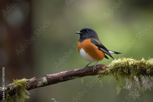 male redstart bird perched on branch, with stunning view of the forest, created with generative ai © altitudevisual