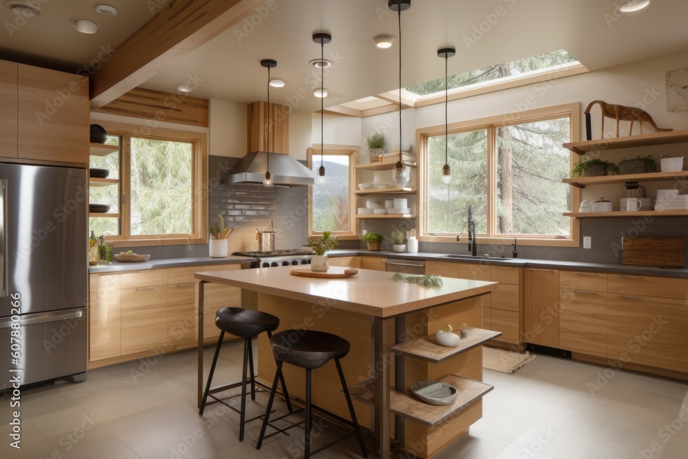 eco-friendly kitchen with energy-efficient appliances, natural lighting and eco-friendly materials, created with generative ai