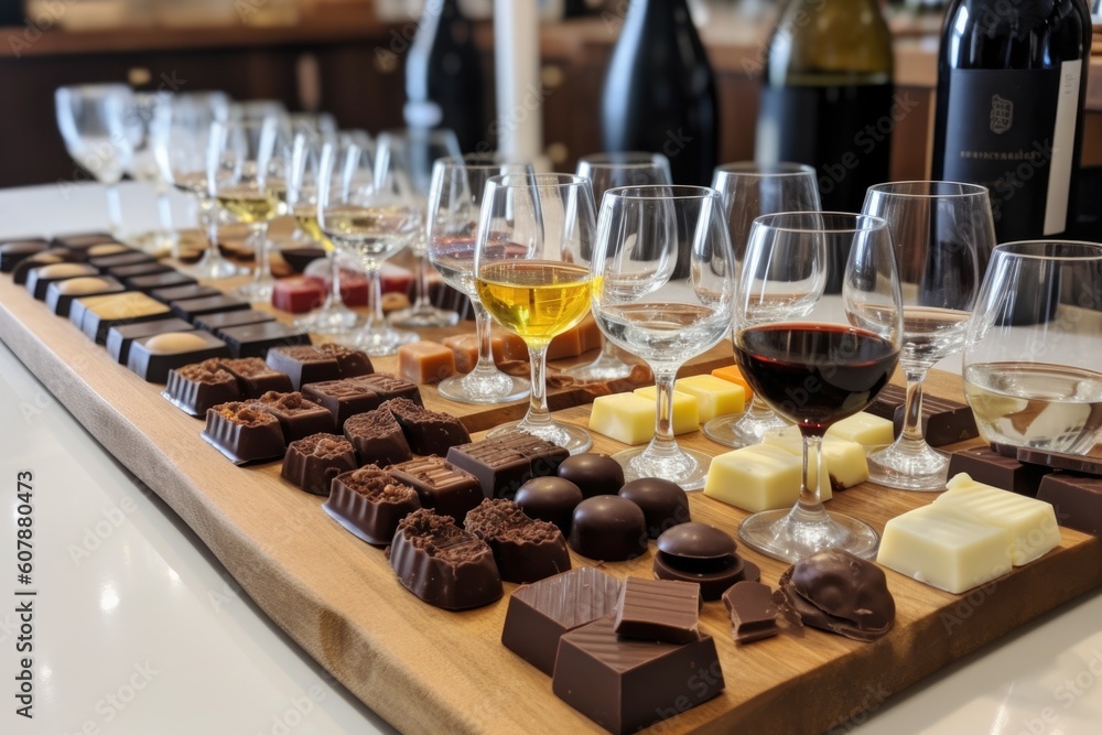 chocolate and wine tasting experience with variety of wines and chocolates, created with generative ai