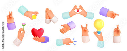 3d hands emoji icon . Different gestures of arm. Hands holding money, give flower,fingers pointing, sorry, idea, vicrory sign. Vector cartoon realistic illustration.
