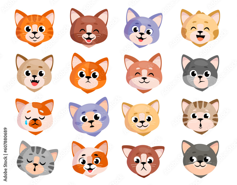 Set of cute cat faces of different breeds with different emotions isolated on white background. Adorable icons and emoticons of sad, happy, smiling, grumpy kitten heads. Cartoon vector illustration.