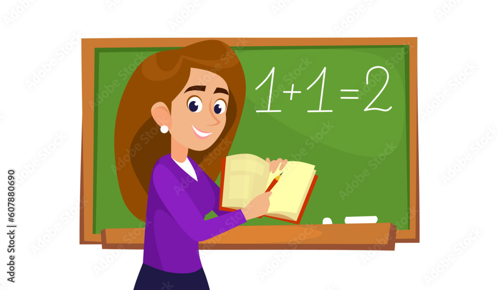A school teacher with a textbook in front of a blackboard isolated on a white background. A banner with a female professor in a classroom teaching students in a preschool. Cartoon vector illustration A school teacher with a textbook in front of a blackboard isolated on a white background. A banner with a female professor in a classroom teaching students in a preschool. Cartoon vector illustration