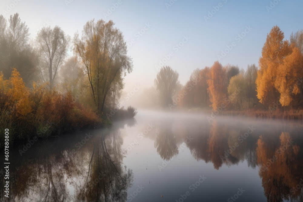 misty autumn morning, with mist rising from a lake and the reflection of the trees visible, created with generative ai