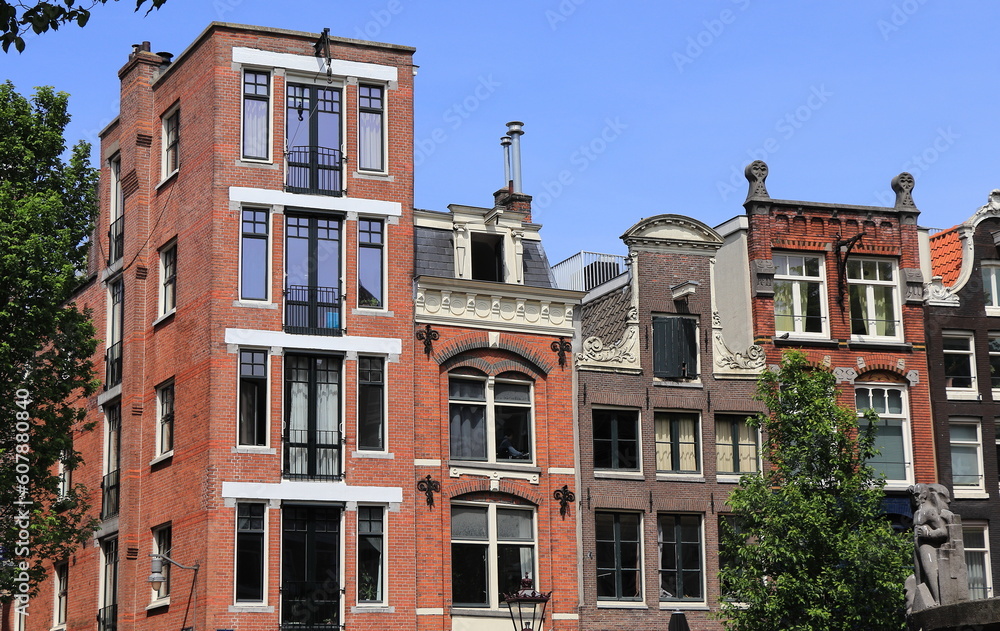 Amsterdam Oudezijds Voorburgwal Canal Typical House Facades View, Netherlands