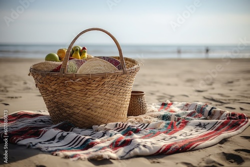 picnic setup with basket and blanket on sunny beach, created with generative ai