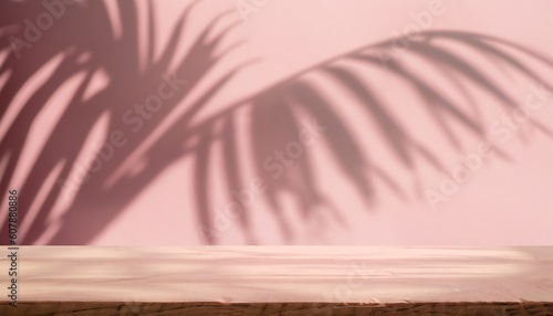 Empty wooden table on pink color wall background. Backdrop for product display with leaf shadows on the wall and light reflections. Mock up for presentation, brand products, Generative AI